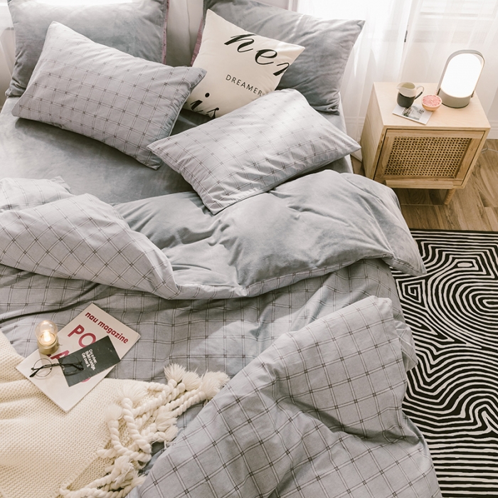91家纺网 家纺一手货源 找家纺 昔可 2019新款13372棉加绒简约系列四件套 灰格子