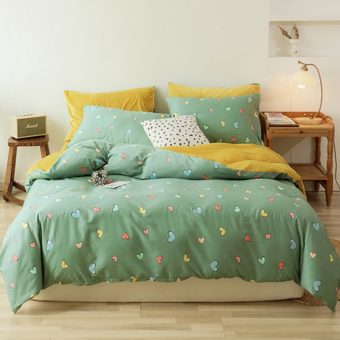 91家纺网 家纺一手货源 找家纺 昔可2019新款13372棉加绒简约系列四件套 七彩爱心-绿
