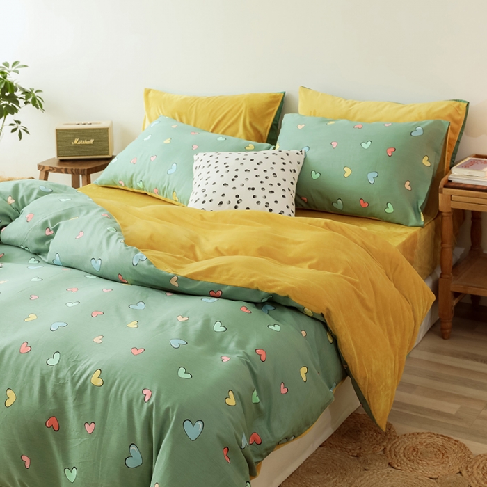 91家纺网 家纺一手货源 找家纺 昔可2019新款13372棉加绒简约系列四件套 七彩爱心-绿