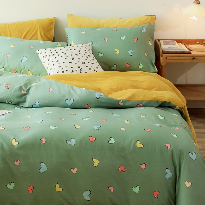 91家纺网 家纺一手货源 找家纺 昔可2019新款13372棉加绒简约系列四件套 七彩爱心-绿