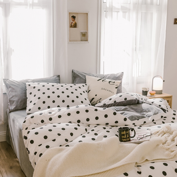 91家纺网 家纺一手货源 找家纺 昔可 2019新款13372棉加绒简约系列四件套 小波点