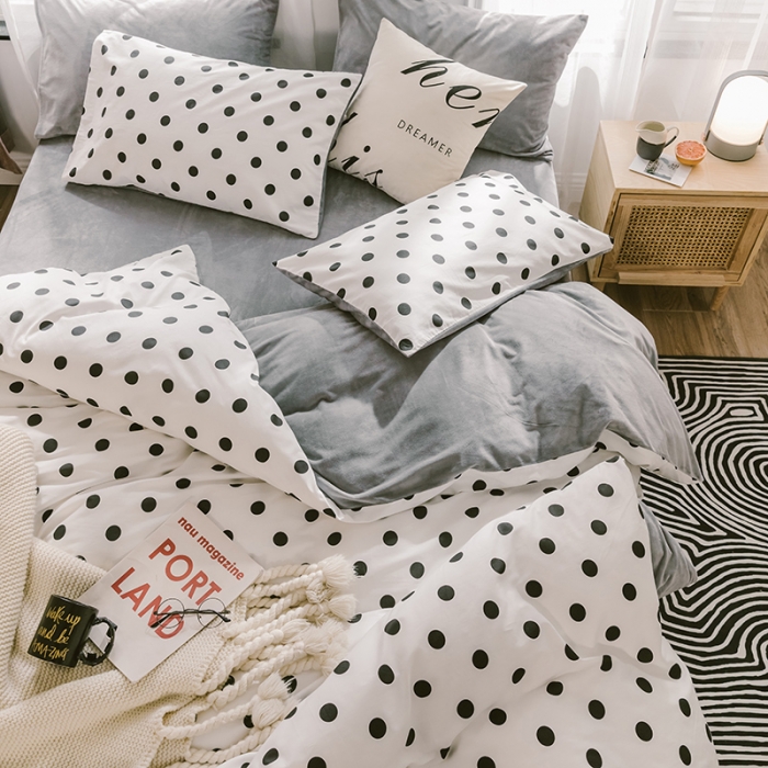 91家纺网 家纺一手货源 找家纺 昔可 2019新款13372棉加绒简约系列四件套 小波点