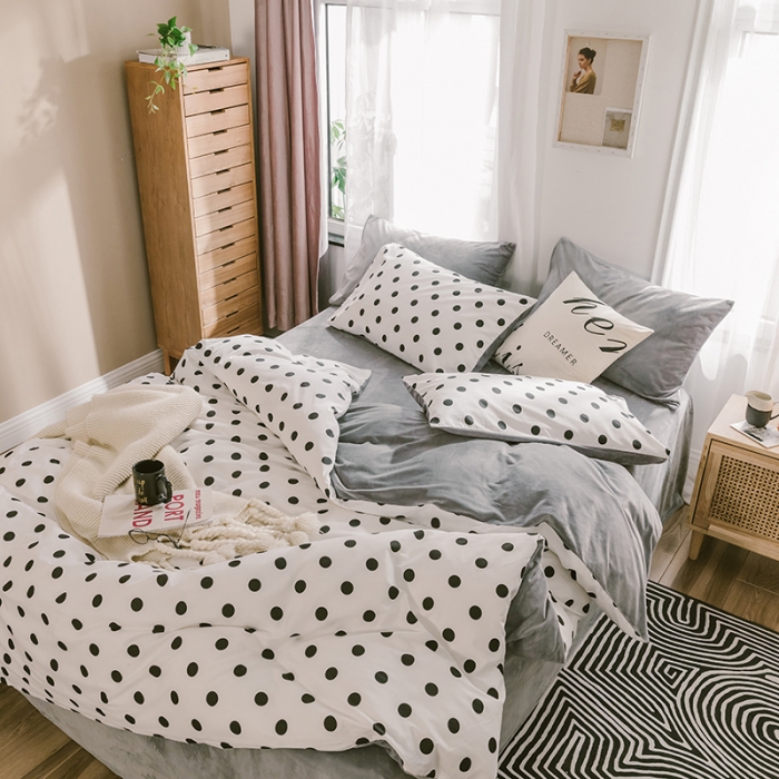 91家纺网 家纺一手货源 找家纺 昔可 2019新款13372棉加绒简约系列四件套 小波点