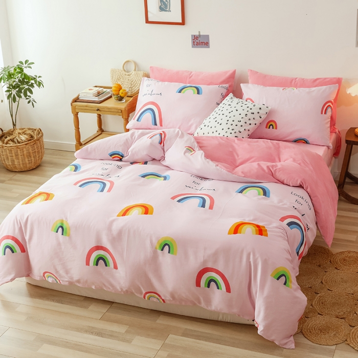 91家纺网 家纺一手货源 找家纺 昔可 2019新款13372棉加绒卡通系列四件套 彩虹-粉