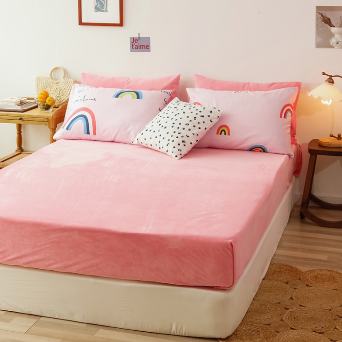 91家纺网 家纺一手货源 找家纺 昔可 2019新款13372棉加绒卡通系列四件套 彩虹-粉