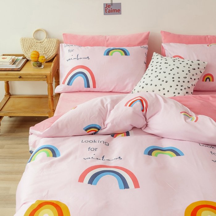 91家纺网 家纺一手货源 找家纺 昔可 2019新款13372棉加绒卡通系列四件套 彩虹-粉