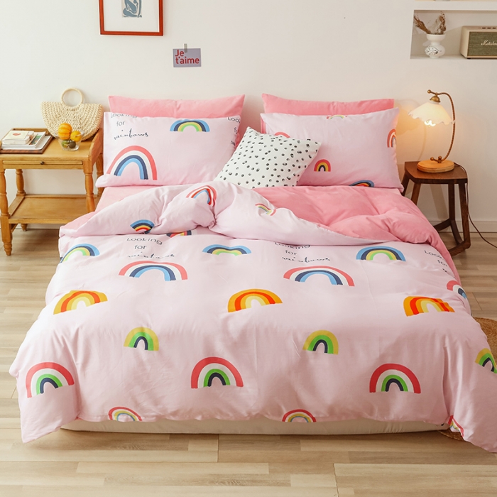 91家纺网 家纺一手货源 找家纺 昔可 2019新款13372棉加绒卡通系列四件套 彩虹-粉