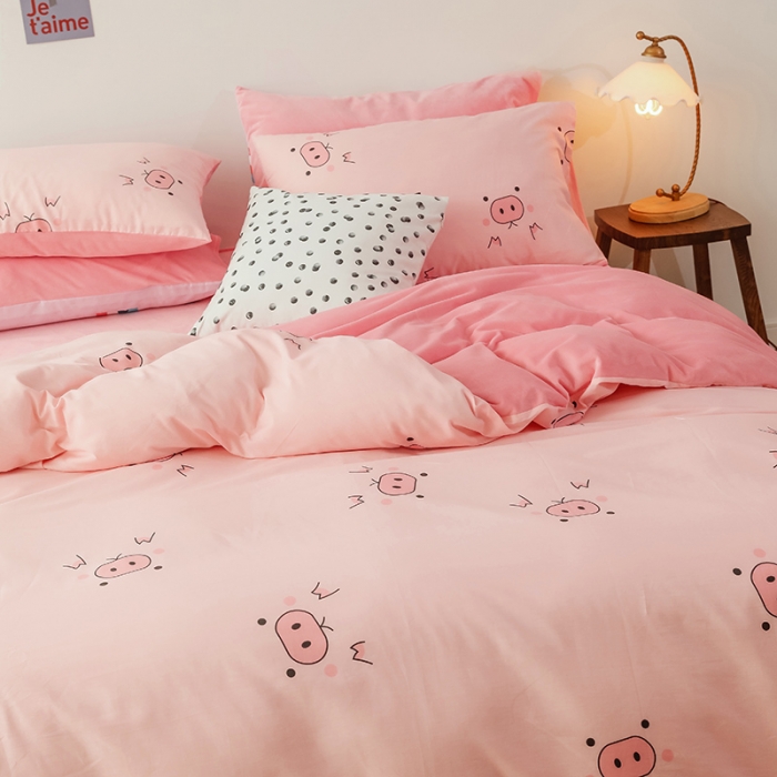 91家纺网 家纺一手货源 找家纺 昔可 2019新款13372棉加绒卡通系列四件套 粉猪猪