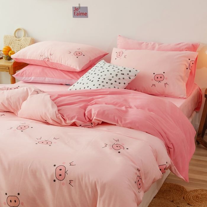 91家纺网 家纺一手货源 找家纺 昔可 2019新款13372棉加绒卡通系列四件套 粉猪猪