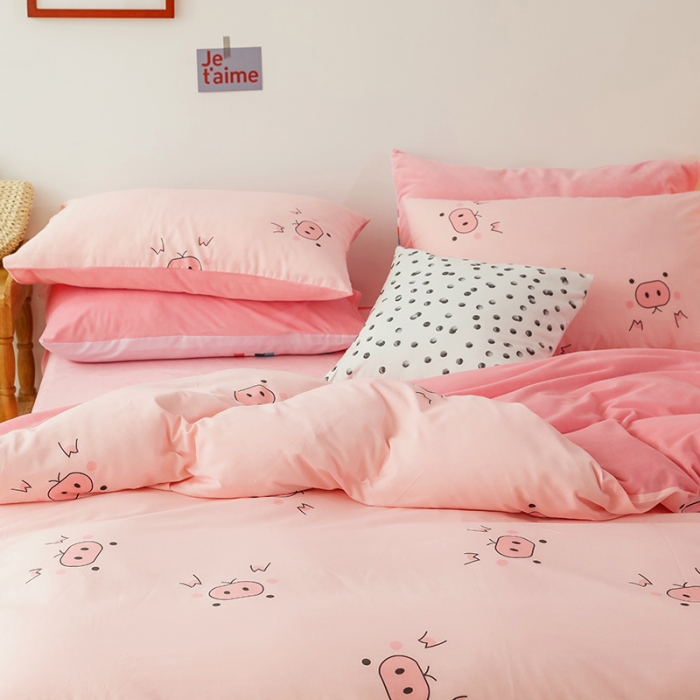 91家纺网 家纺一手货源 找家纺 昔可 2019新款13372棉加绒卡通系列四件套 粉猪猪