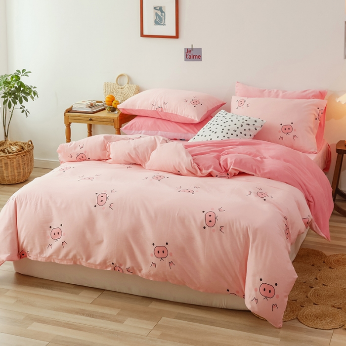 91家纺网 家纺一手货源 找家纺 昔可 2019新款13372棉加绒卡通系列四件套 粉猪猪