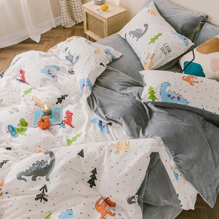 91家纺网 家纺一手货源 找家纺 昔可 2019新款13372棉加绒卡通系列四件套 滑板恐龙