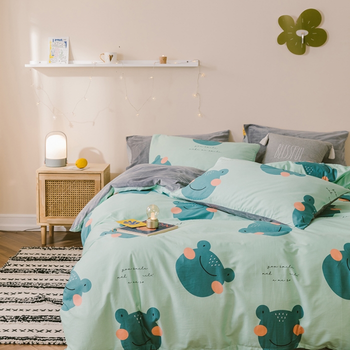 91家纺网 家纺一手货源 找家纺 昔可2019新款13372棉加绒卡通系列四件套 快乐的小青蛙