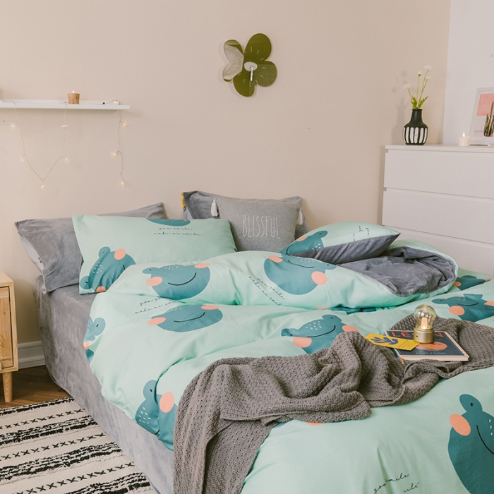 91家纺网 家纺一手货源 找家纺 昔可2019新款13372棉加绒卡通系列四件套 快乐的小青蛙