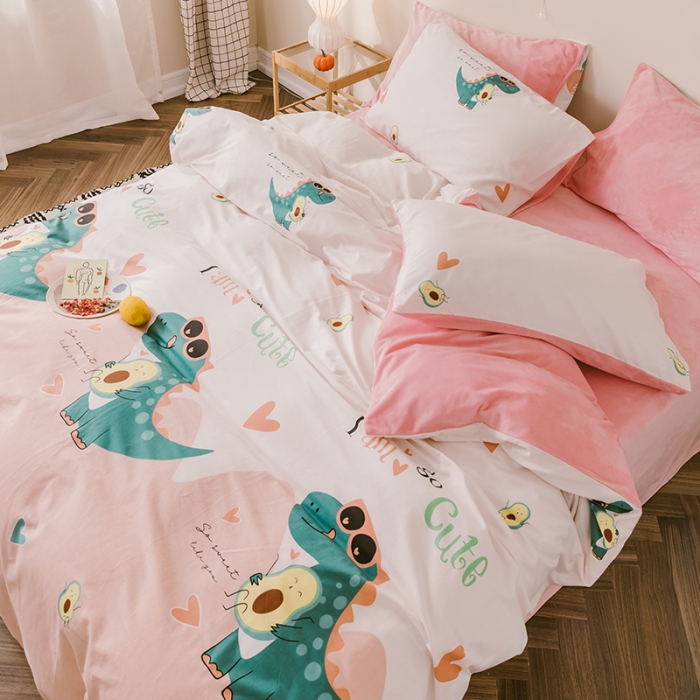 91家纺网 家纺一手货源 找家纺 昔可 2019新款13372棉加绒卡通系列四件套 牛油果恐龙