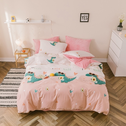 昔可 2019新款13372棉加绒卡通系列四件套 牛油果恐龙