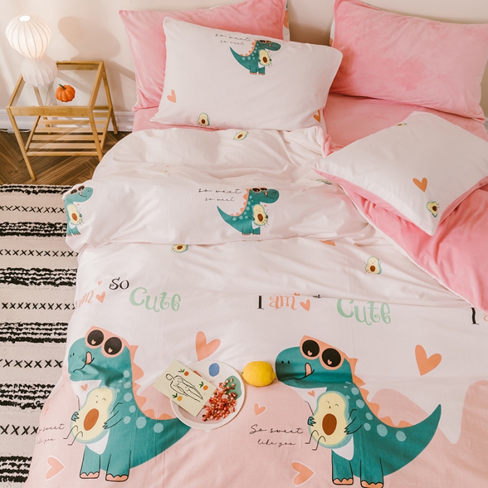 91家纺网 家纺一手货源 找家纺 昔可 2019新款13372棉加绒卡通系列四件套 牛油果恐龙