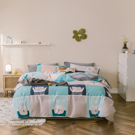 昔可 2019新款13372棉加绒卡通系列四件套 熊熊兔兔