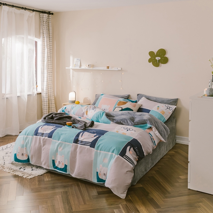 91家纺网 家纺一手货源 找家纺 昔可 2019新款13372棉加绒卡通系列四件套 熊熊兔兔