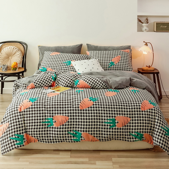 91家纺网 家纺一手货源 找家纺 昔可 2019新款13372棉加绒水果系列四件套 格子胡萝卜