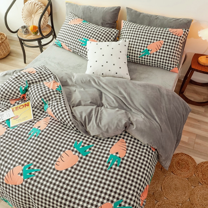 91家纺网 家纺一手货源 找家纺 昔可 2019新款13372棉加绒水果系列四件套 格子胡萝卜