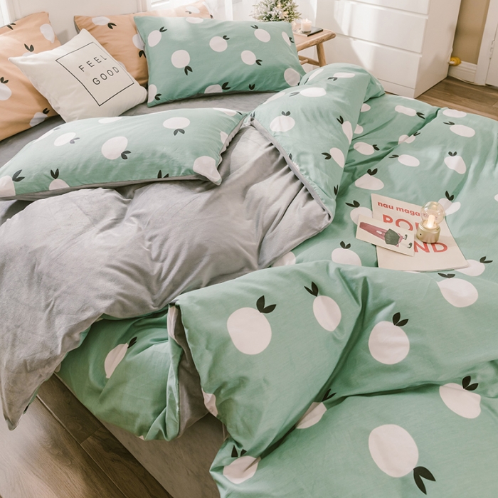 91家纺网 家纺一手货源 找家纺 昔可 2019新款13372棉加绒水果系列四件套 青橙-绿