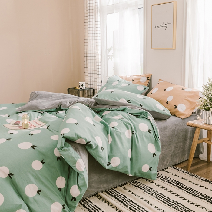 91家纺网 家纺一手货源 找家纺 昔可 2019新款13372棉加绒水果系列四件套 青橙-绿