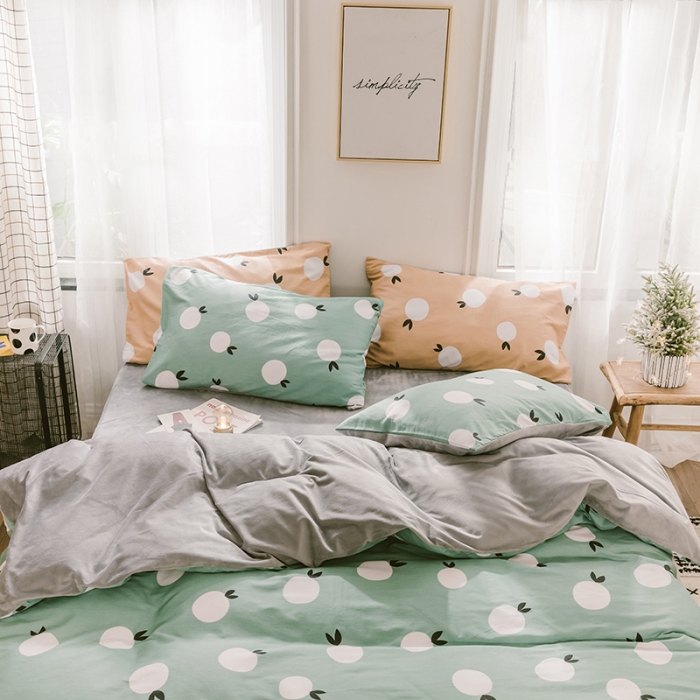 91家纺网 家纺一手货源 找家纺 昔可 2019新款13372棉加绒水果系列四件套 青橙-绿