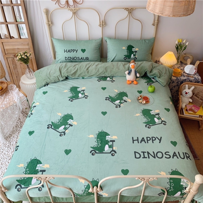 91家纺网 家纺一手货源 找家纺 昔可 2019新款设计师款韩国宝宝绒大版四件套 滑板恐龙