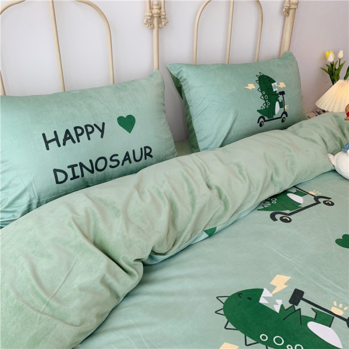 91家纺网 家纺一手货源 找家纺 昔可 2019新款设计师款韩国宝宝绒大版四件套 滑板恐龙