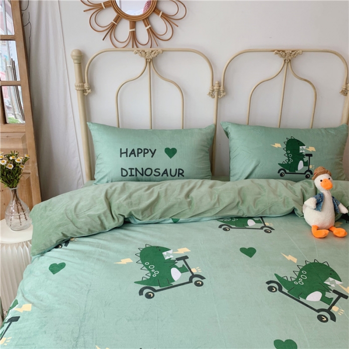 91家纺网 家纺一手货源 找家纺 昔可 2019新款设计师款韩国宝宝绒大版四件套 滑板恐龙