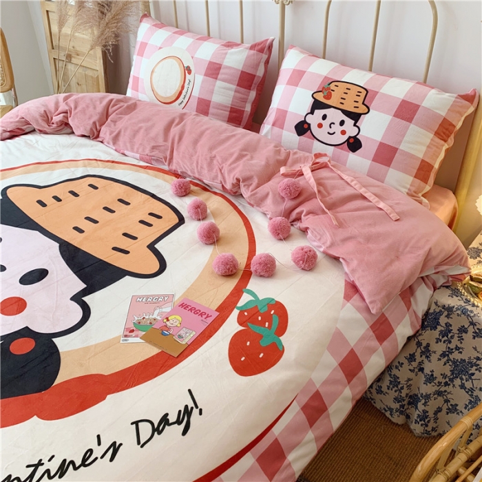 91家纺网 家纺一手货源 找家纺 昔可 2019新款设计师款韩国宝宝绒大版四件套 帽子女孩