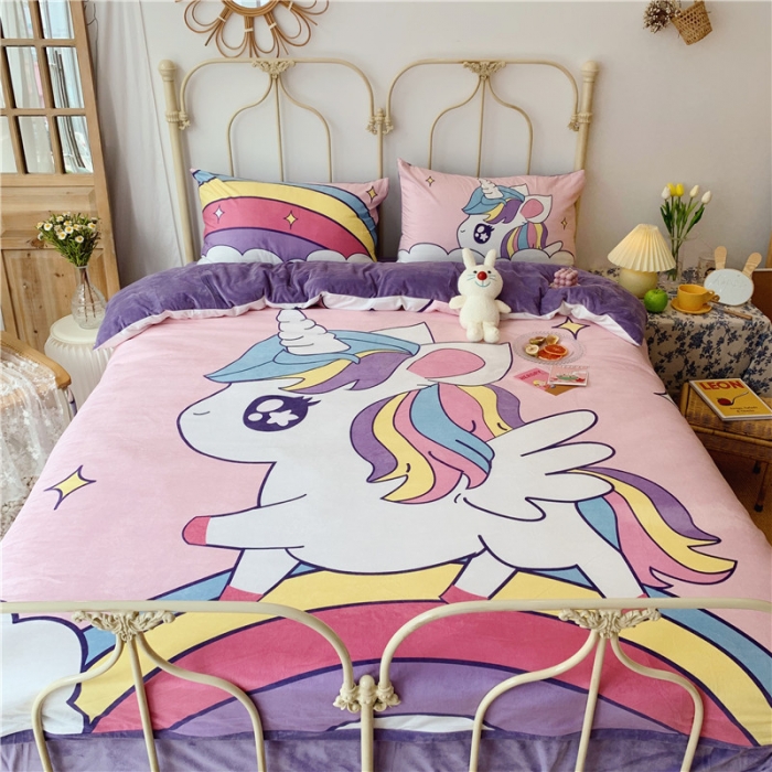 91家纺网 家纺一手货源 找家纺 昔可 2019新款设计师款韩国宝宝绒大版四件套 梦幻彩虹