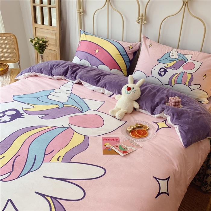 91家纺网 家纺一手货源 找家纺 昔可 2019新款设计师款韩国宝宝绒大版四件套 梦幻彩虹