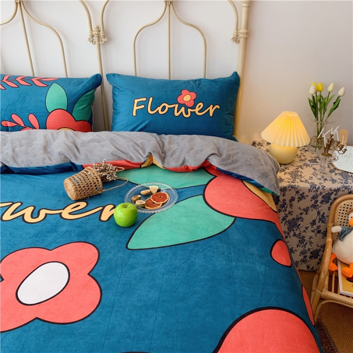 91家纺网 家纺一手货源 找家纺 昔可 2019新款设计师款韩国宝宝绒大版四件套 笑脸花