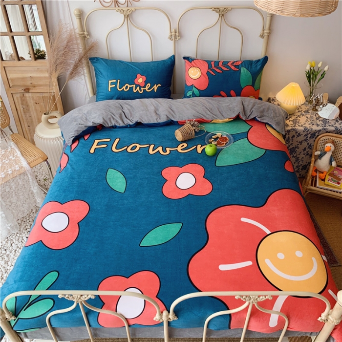 91家纺网 家纺一手货源 找家纺 昔可 2019新款设计师款韩国宝宝绒大版四件套 笑脸花