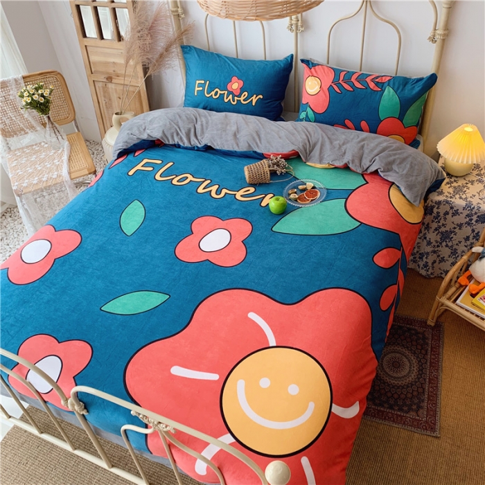 91家纺网 家纺一手货源 找家纺 昔可 2019新款设计师款韩国宝宝绒大版四件套 笑脸花