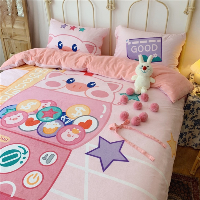 91家纺网 家纺一手货源 找家纺 昔可 2019新款设计师款韩国宝宝绒大版四件套 游戏猪猪