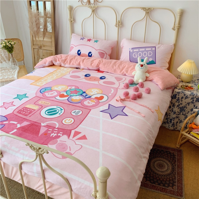 91家纺网 家纺一手货源 找家纺 昔可 2019新款设计师款韩国宝宝绒大版四件套 游戏猪猪