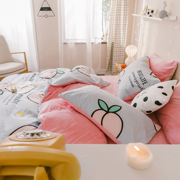 91家纺网 家纺一手货源 找家纺 昔可 2019新款13372棉加绒水果系列四件套 大蜜桃