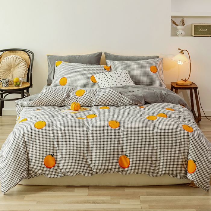 91家纺网 家纺一手货源 找家纺 昔可 2019新款13372棉加绒水果系列四件套 格子橙
