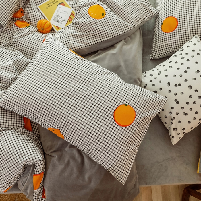 91家纺网 家纺一手货源 找家纺 昔可 2019新款13372棉加绒水果系列四件套 格子橙