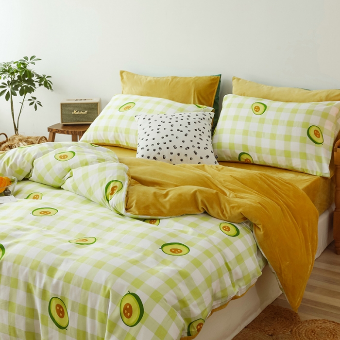 91家纺网 家纺一手货源 找家纺 昔可 2019新款13372棉加绒水果系列四件套 格子牛油果