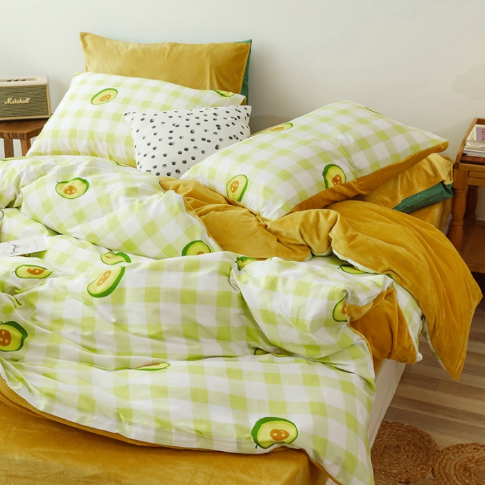 91家纺网 家纺一手货源 找家纺 昔可 2019新款13372棉加绒水果系列四件套 格子牛油果