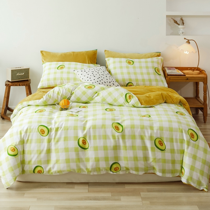 91家纺网 家纺一手货源 找家纺 昔可 2019新款13372棉加绒水果系列四件套 格子牛油果