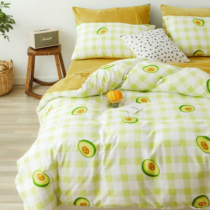 91家纺网 家纺一手货源 找家纺 昔可 2019新款13372棉加绒水果系列四件套 格子牛油果