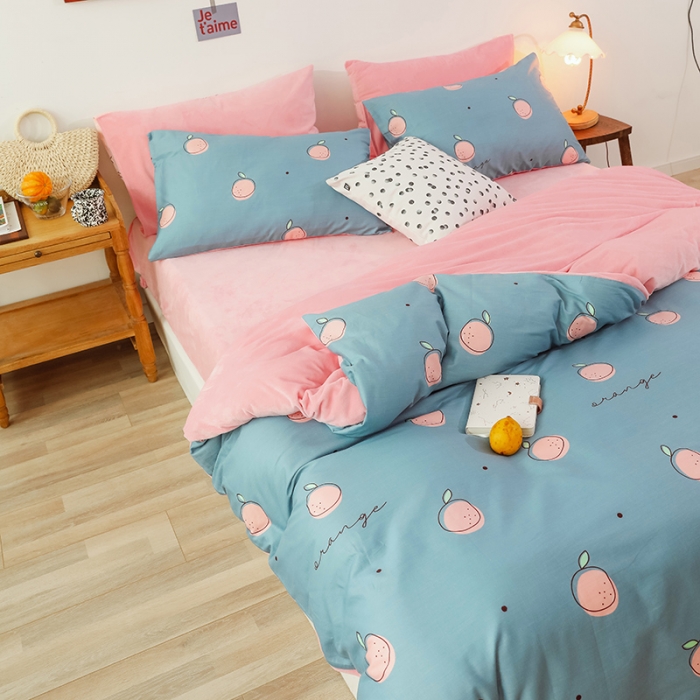 91家纺网 家纺一手货源 找家纺 昔可 2019新款13372棉加绒水果系列四件套 桔子粉蓝