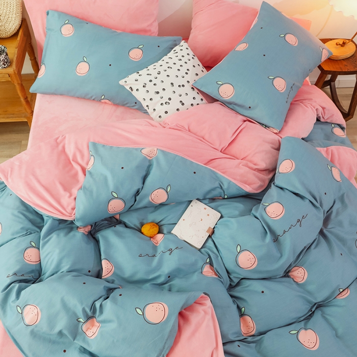 91家纺网 家纺一手货源 找家纺 昔可 2019新款13372棉加绒水果系列四件套 桔子粉蓝