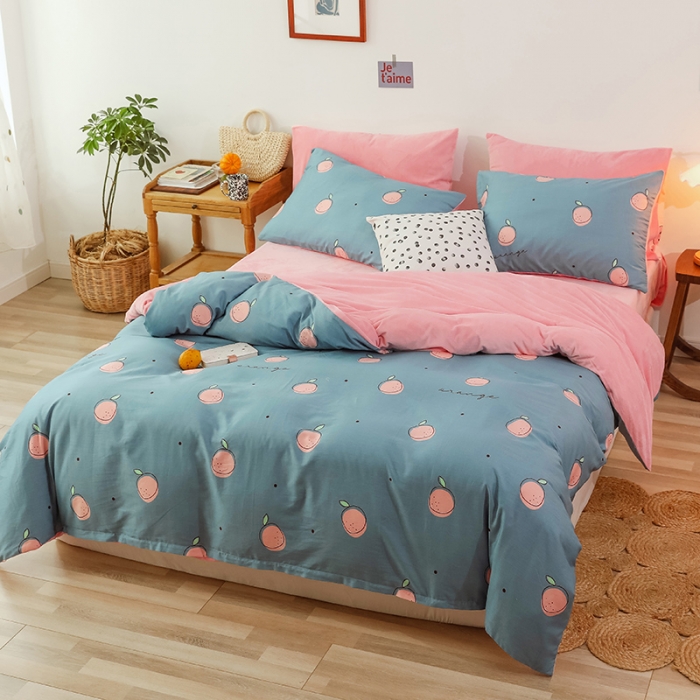 91家纺网 家纺一手货源 找家纺 昔可 2019新款13372棉加绒水果系列四件套 桔子粉蓝
