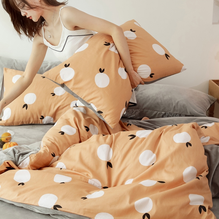 91家纺网 家纺一手货源 找家纺 昔可 2019新款13372棉加绒水果系列四件套 青橙-黄